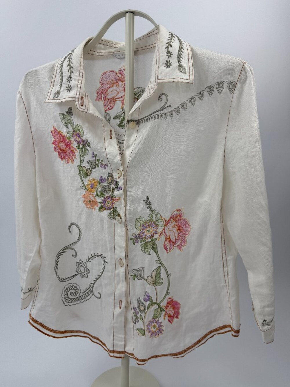 Tweeds Embroidered Floral Linen Blend Button Shirt Off White M